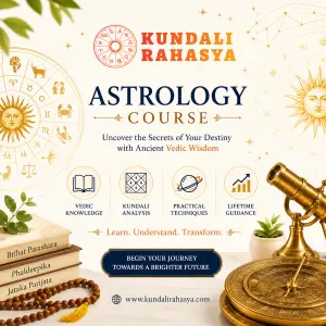 Diploma in Astrology course by Kundali Rahasya featuring zodiac signs, birth chart, planets, horoscope symbols, celestial elements, Vedic astrology concepts, and spiritual guidance.