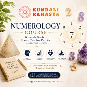 Diploma in Numerology course by Kundali Rahasya featuring numerology numbers, life path calculations, spiritual symbols, astrology elements, destiny analysis, and mystical energy concepts.