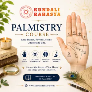 Diploma in Palmistry course by Kundali Rahasya featuring palm reading symbols, hand lines, astrology elements, fortune telling, spiritual guidance, and mystical palm analysis.