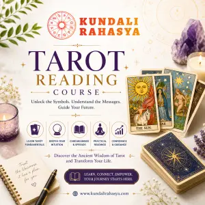 Diploma in Tarot Reading course by Kundali Rahasya featuring tarot cards, mystical symbols, crystal ball, candles, zodiac signs, spiritual guidance, intuition, and fortune reading.