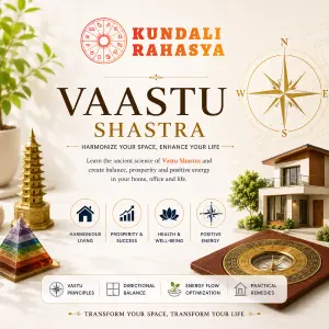 Diploma in Vaastu Shastra course by Kundali Rahasya featuring Vastu compass, sacred geometry, harmonious home design, spiritual symbols, positive energy, and ancient Indian architecture principles.