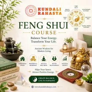 Diploma in Feng Shui course by Kundali Rahasya showing Feng Shui compass, Bagua map, Buddha statue, positive energy symbols, harmonious home decor, prosperity, wellness, and spiritual balance.