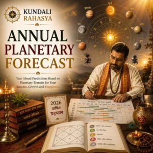 Annual Planetary Forecast featuring a Kundali chart, zodiac wheel, multiple planets, planetary transit paths, celestial symbols, and traditional Vedic astrology elements.