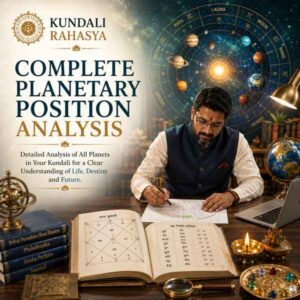 Complete Planetary Position Analysis featuring a detailed Kundali chart, Navagraha symbols, zodiac wheel, planetary placements, sacred yantra, diya, gemstones, and traditional Vedic astrology elements.