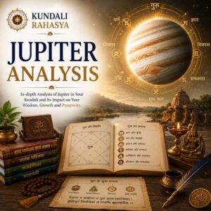 Jupiter Analysis featuring Jupiter, Guru symbolism, Kundali chart, zodiac wheel, Navagraha elements, Jupiter Yantra, yellow gemstones, diya, and traditional Vedic astrology symbols.