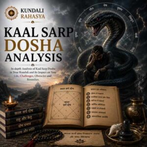 Kaal Sarp Dosha Analysis featuring Rahu and Ketu, Kundali chart, zodiac wheel, serpent symbolism, Navagraha elements, sacred yantra, diya, and traditional Vedic astrology symbols.