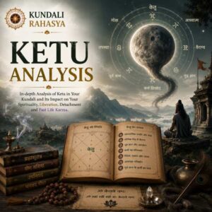 Ketu Analysis featuring Ketu symbolism, Kundali chart, zodiac wheel, Navagraha elements, Ketu Yantra, Rudraksha, diya, and traditional Vedic astrology symbols.