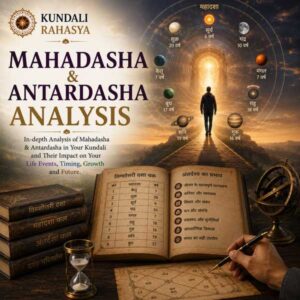 Mahadasha Antardasha Analysis featuring a Kundali chart, Navagraha symbols, zodiac wheel, planetary periods timeline, diya, kalash, and traditional Vedic astrology elements.