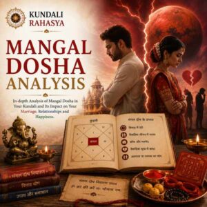 Mangal Dosha Analysis featuring Mars, Mangal symbolism, Kundali chart, zodiac wheel, Navagraha elements, Mangal Yantra, diya, and traditional Vedic astrology symbols.