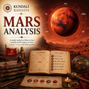 Mars Analysis featuring Mars, Mangal symbolism, Kundali chart, zodiac wheel, Navagraha elements, Mangal Yantra, red gemstone, diya, and traditional Vedic astrology symbols.