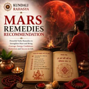 Mars Remedies Recommendation featuring Mars, Mangal symbolism, Kundali chart, Navagraha elements, Mangal Yantra, Rudraksha, diya, kalash, and traditional Vedic astrology symbols.