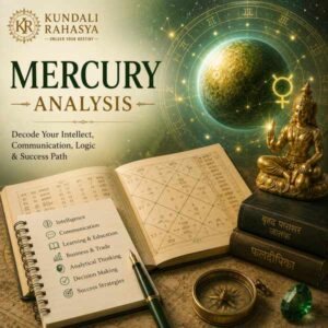 Mercury Analysis featuring the planet Mercury, Gemini and Virgo zodiac symbols, kundali chart, astrology book, emerald gemstone, diya, and Vedic astrology elements.
