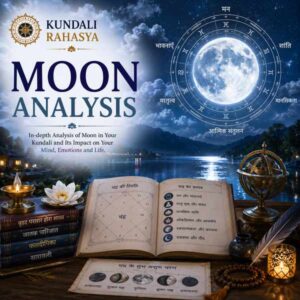 Moon Analysis featuring the Moon, Chandra symbolism, Kundali chart, zodiac wheel, Navagraha elements, Chandra Yantra, pearl gemstone, diya, and traditional Vedic astrology symbols.
