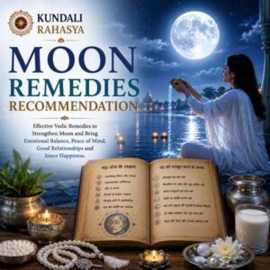 Moon Remedies Recommendation featuring the Moon, Chandra symbolism, Kundali chart, Navagraha elements, Chandra Yantra, silver items, diya, kalash, and traditional Vedic astrology symbols.