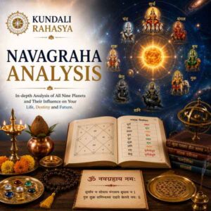 Navagraha Analysis featuring the nine planetary deities, Kundali chart, zodiac wheel, Navagraha Yantra, diya, kalash, gemstones, and traditional Vedic astrology elements.