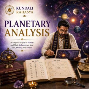 Planetary Analysis featuring a detailed Kundali chart, Navagraha symbols, zodiac wheel, planetary positions, sacred yantra, diya, gemstones, and traditional Vedic astrology elements.