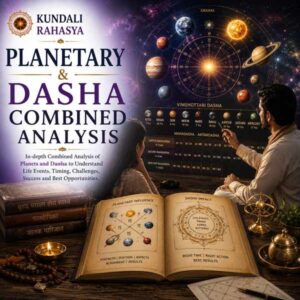 Planetary Dasha Combined Analysis featuring a Kundali chart, Navagraha symbols, planetary cycles, zodiac wheel, dasha timeline, diya, and traditional Vedic astrology elements.