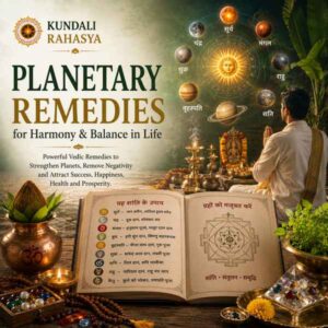 Planetary Remedies featuring Navagraha symbols, Kundali chart, sacred yantra, gemstones, Rudraksha beads, diya, kalash, and traditional Vedic spiritual elements.