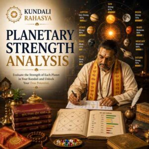 Planetary Strength Analysis featuring a detailed Kundali chart, Navagraha symbols, zodiac wheel, planetary positions, sacred yantra, diya, gemstones, and traditional Vedic astrology elements.