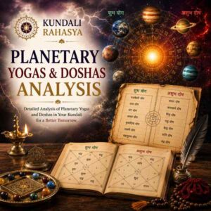 Planetary Yogas Doshas Analysis featuring a detailed Kundali chart, Navagraha symbols, zodiac wheel, planetary combinations, sacred yantra, diya, and traditional Vedic astrology elements.
