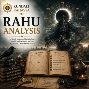 Rahu Analysis featuring Rahu symbolism, Kundali chart, zodiac wheel, Navagraha elements, Rahu Yantra, Rudraksha, diya, and traditional Vedic astrology symbols.