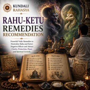 Rahu Ketu Remedies Recommendation featuring Rahu and Ketu symbols, Kundali chart, Navagraha elements, sacred yantra, Rudraksha, diya, kalash, and traditional Vedic astrology symbols.