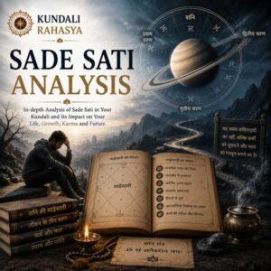 Sade Sati Analysis featuring Saturn, Shani Dev symbolism, Kundali chart, zodiac wheel, Saturn transit indicators, Shani Yantra, diya, and traditional Vedic astrology elements.