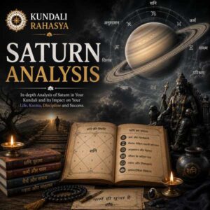 Saturn Analysis featuring Saturn, Shani Dev symbolism, Kundali chart, zodiac wheel, Navagraha elements, Shani Yantra, Rudraksha, diya, and traditional Vedic astrology symbols.