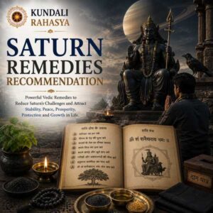 Saturn Remedies Recommendation featuring Saturn, Shani Dev symbolism, Kundali chart, Navagraha elements, Shani Yantra, Rudraksha, diya, and traditional Vedic astrology symbols.