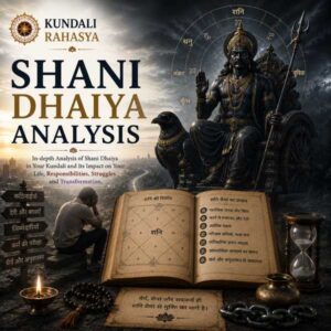 Shani Dhaiya Analysis featuring Saturn, Shani Dev symbolism, Kundali chart, zodiac wheel, Saturn transit indicators, Shani Yantra, diya, and traditional Vedic astrology elements.