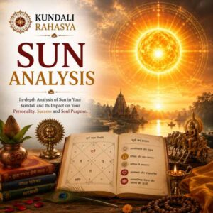 Sun Analysis featuring the Sun, Surya symbolism, Kundali chart, zodiac wheel, Navagraha elements, Surya Yantra, ruby gemstone, diya, and traditional Vedic astrology symbols.