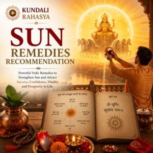 Sun Remedies Recommendation featuring the Sun, Surya symbolism, Kundali chart, Navagraha elements, Surya Yantra, diya, kalash, red flowers, and traditional Vedic astrology symbols.