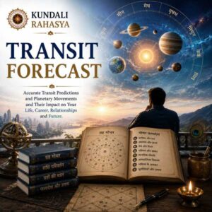 Transit Forecast featuring planetary transits, zodiac wheel, Kundali chart, celestial planets, astrological symbols, and traditional Vedic astrology elements.