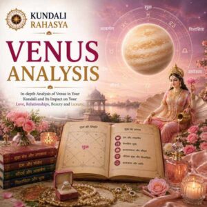 Venus Analysis featuring Venus, Shukra symbolism, Kundali chart, zodiac wheel, Navagraha elements, Venus Yantra, gemstones, diya, and traditional Vedic astrology symbols.