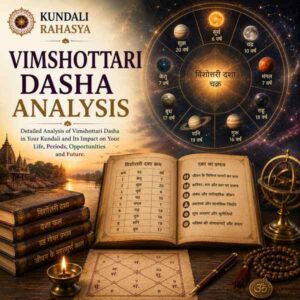 Vimshottari Dasha Analysis featuring a Kundali chart, planetary periods, Navagraha symbols, zodiac wheel, dasha timeline, diya, and traditional Vedic astrology elements.